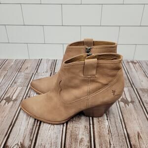 Frye Womens Tan Leather Ankle Booties Size 8.5 Side Zip Western Heel